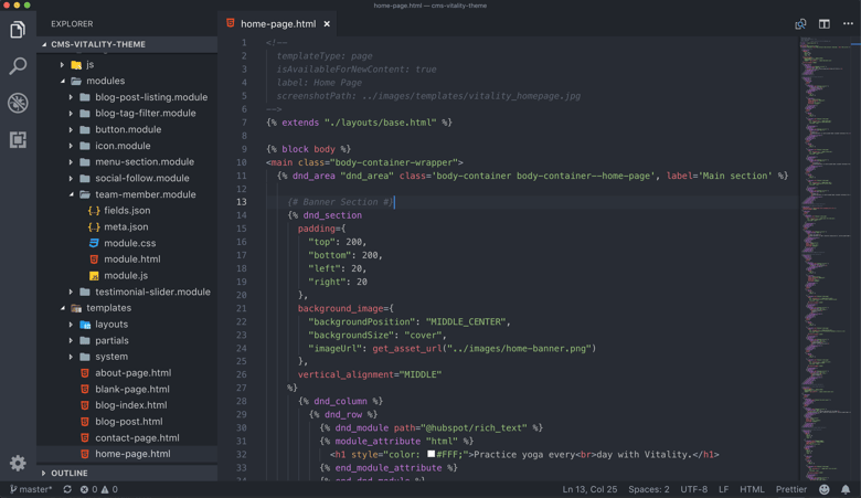 Code VS avec HTML et modèle HubL ouvert