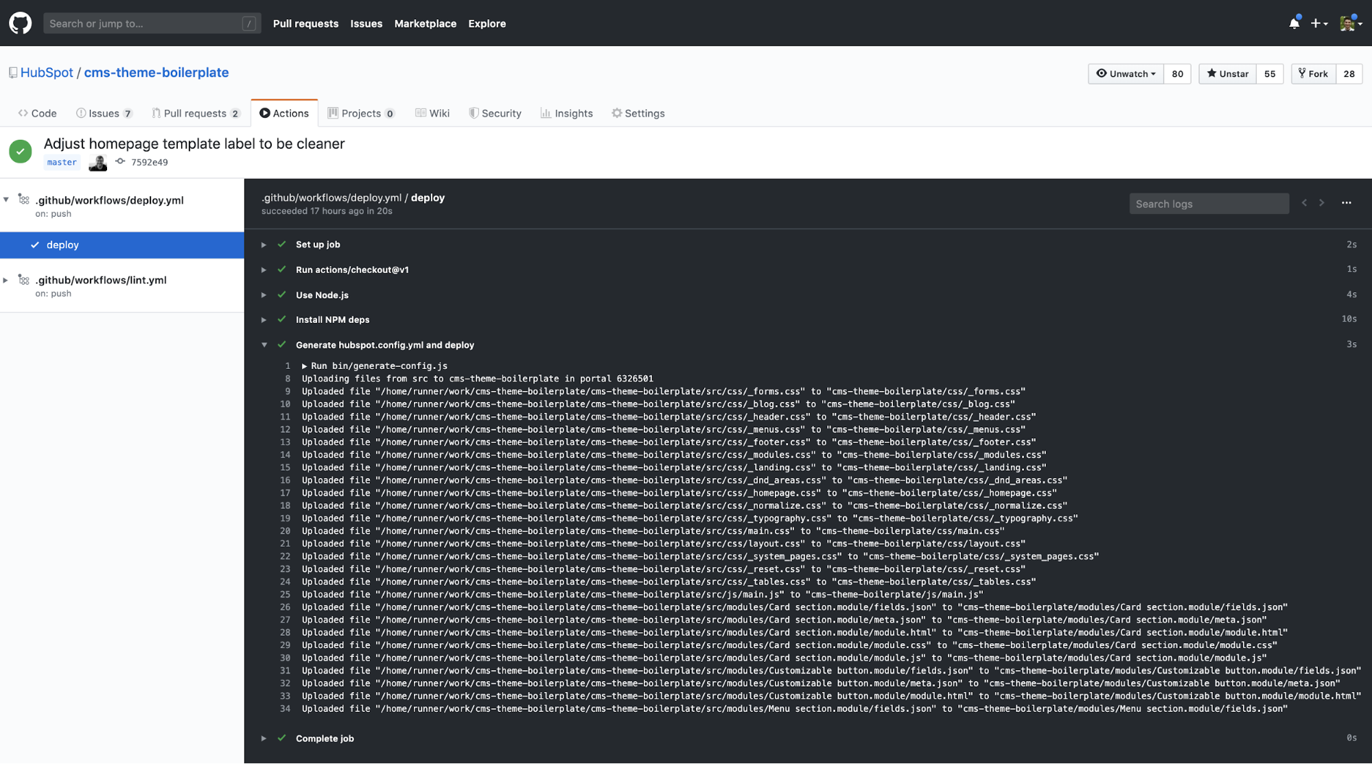 Capture d'écran de l'interface GitHub montrant l'action de déploiement GitHub
