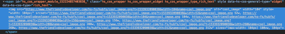 Capture d'écran de l'élément img avec l'élément srcset automatiquement ajouté avec différentes URL de redimensionnement